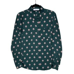 L'Academie All Over Seashell Print Classic Button Up Blouse Size Small Green Red